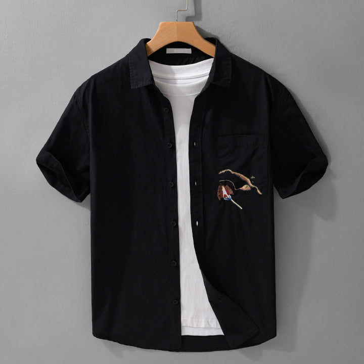 Buddha Stones 夏用ボタンダウン 鳥刺繍 装飾ポケット付き メンズ 半袖 コットンシャツ - 黒 - US/UK/AU40、EU50（3XL） - image 10