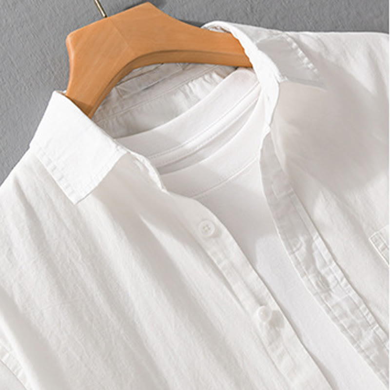 Buddha Stones 夏用ボタンダウン 鳥刺繍 装飾ポケット付き メンズ 半袖 コットンシャツ - image 3