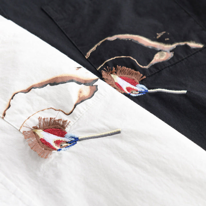 Buddha Stones 夏用ボタンダウン 鳥刺繍 装飾ポケット付き メンズ 半袖 コットンシャツ - image 16