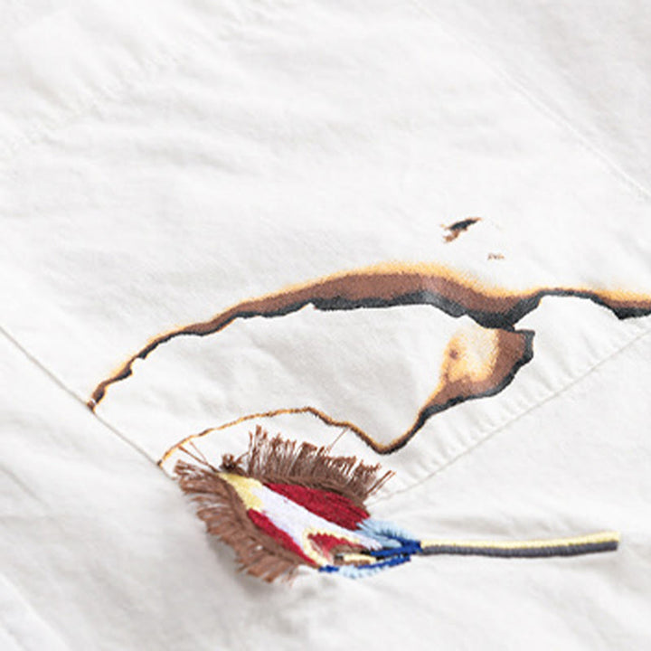 Buddha Stones 夏用ボタンダウン 鳥刺繍 装飾ポケット付き メンズ 半袖 コットンシャツ - image 6