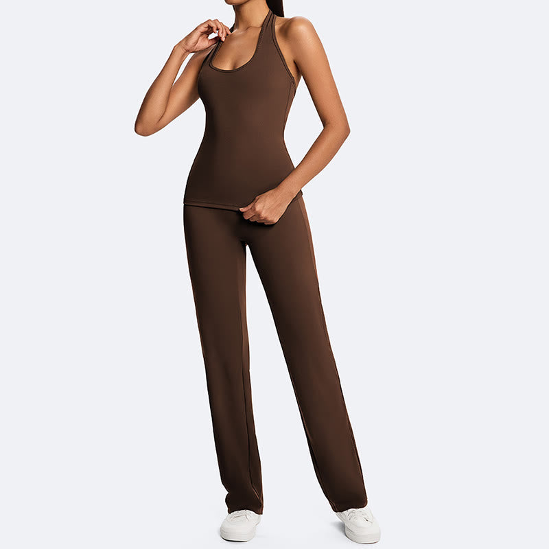 Buddha Stones スポーツフィットネスヨガ用無地クロップホルターバックレスノースリーブトップスストレートレッグパンツ - image 0