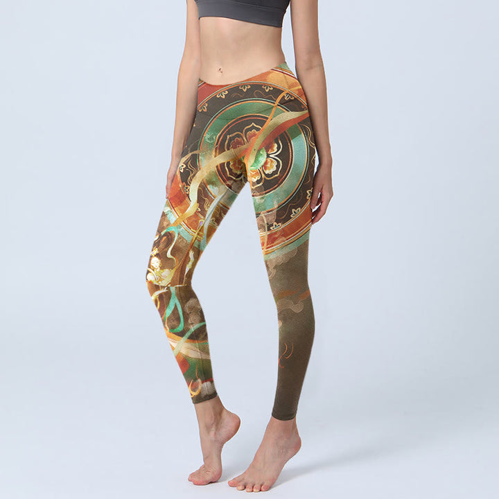 Buddha Stones 敦煌飛天曼荼羅柄ジムレギンス レディース ヨガパンツ - ダークカーキ - US18、 UK/AU22、 EU50 (4XL) - image 0