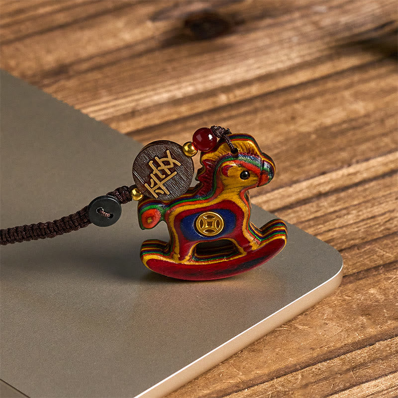 Buddha Stones、午年、レインボーユーカリ、小葉紫檀、リンデンウッド、黒檀の彫刻、正のキーホルダー - image 2