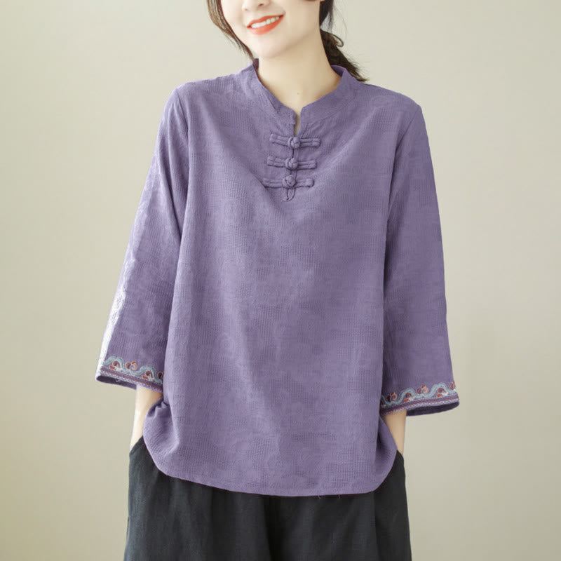 Buddha Stonesジャカード フロッグボタン スタンドカラー 刺繍入り 七分袖デザイン レディース コットンシャツ - image 4