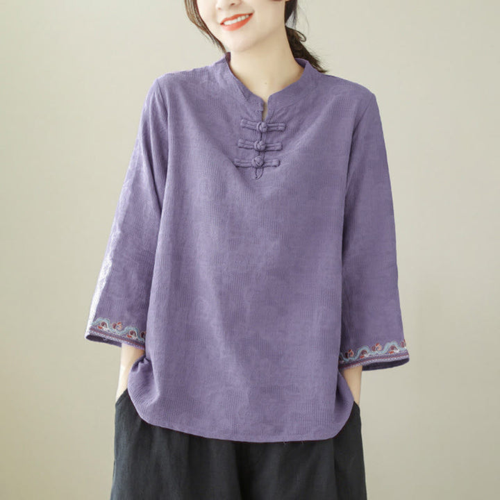 Buddha Stonesジャカード フロッグボタン スタンドカラー 刺繍入り 七分袖デザイン レディース コットンシャツ - image 4