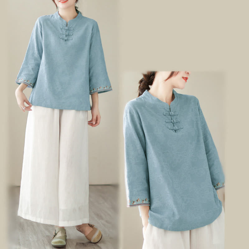 Buddha Stonesジャカード フロッグボタン スタンドカラー 刺繍入り 七分袖デザイン レディース コットンシャツ - image 12