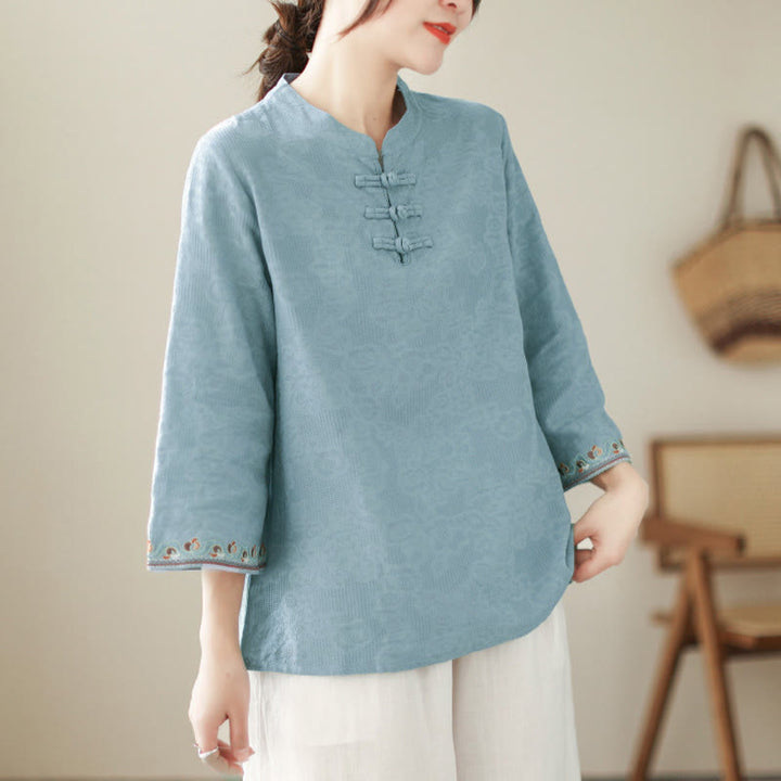Buddha Stonesジャカード フロッグボタン スタンドカラー 刺繍入り 七分袖デザイン レディース コットンシャツ - image 11