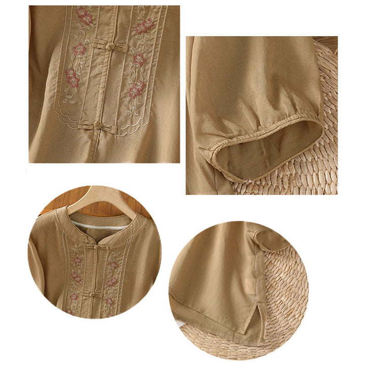 Buddha Stonesフロッグボタン スタンドカラー 刺繍フラワー 伸縮性のある袖口 七分袖 レディース シャツ - image 14