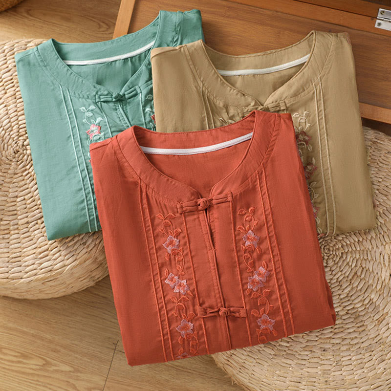 Buddha Stonesフロッグボタン スタンドカラー 刺繍フラワー 伸縮性のある袖口 七分袖 レディース シャツ - image 21