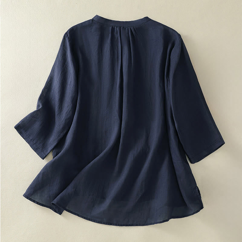 Buddha Stones 刺繍プリーツデザインスタンドカラー七分袖サイドスリット裾レディースコットンシャツ - image 1