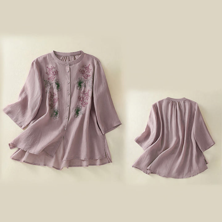 Buddha Stones 刺繍プリーツデザインスタンドカラー七分袖サイドスリット裾レディースコットンシャツ - image 15