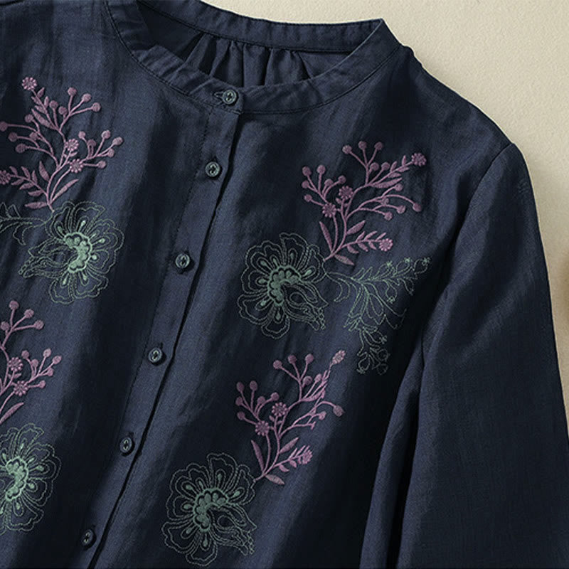 Buddha Stones 刺繍プリーツデザインスタンドカラー七分袖サイドスリット裾レディースコットンシャツ - image 4