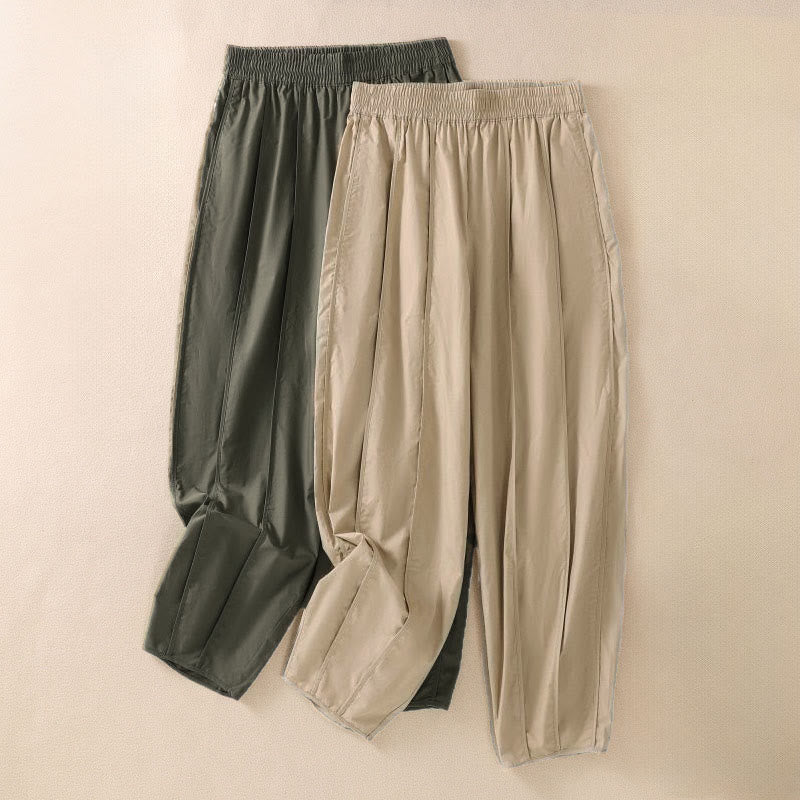 Buddha Stones 夏用シンプル無地ハイウエストプリーツレディースハーレムパンツ（ポケット付き） - image 0
