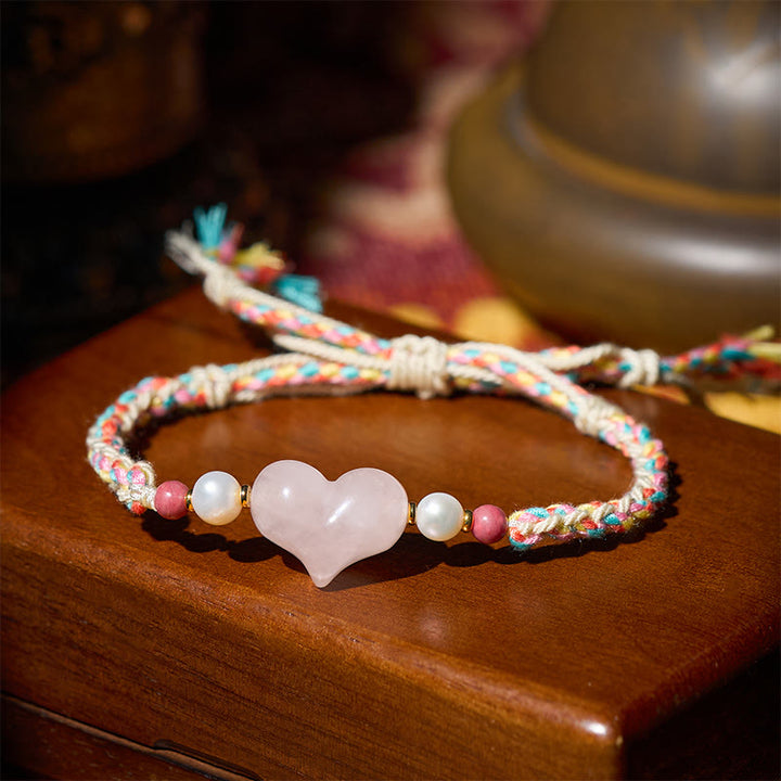 Buddha Stonesハートデザインピンククリスタル編みロープ温もり愛ブレスレット - image 2