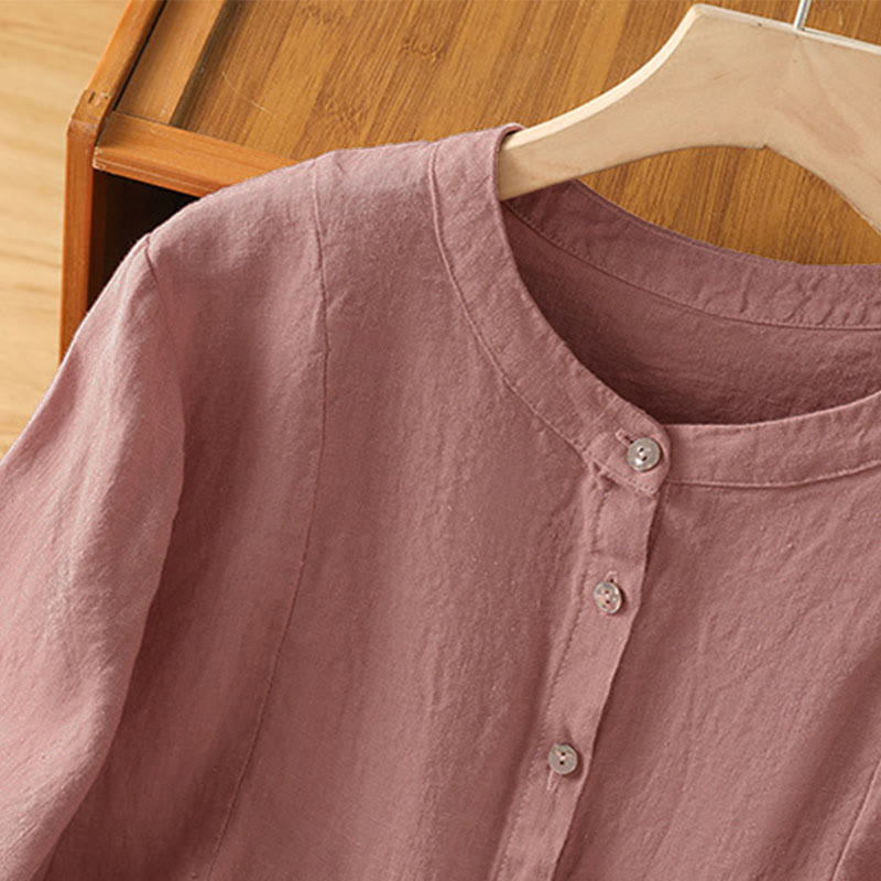 Buddha Stones 秋の通勤用パッチワーク無地デザイン長袖レディースコットンボタンシャツ - image 4