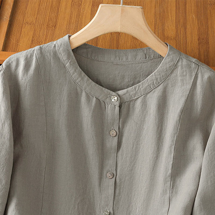 Buddha Stones 秋の通勤用パッチワーク無地デザイン長袖レディースコットンボタンシャツ - image 11