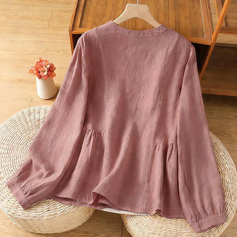 Buddha Stones 秋の通勤用パッチワーク無地デザイン長袖レディースコットンボタンシャツ - image 1