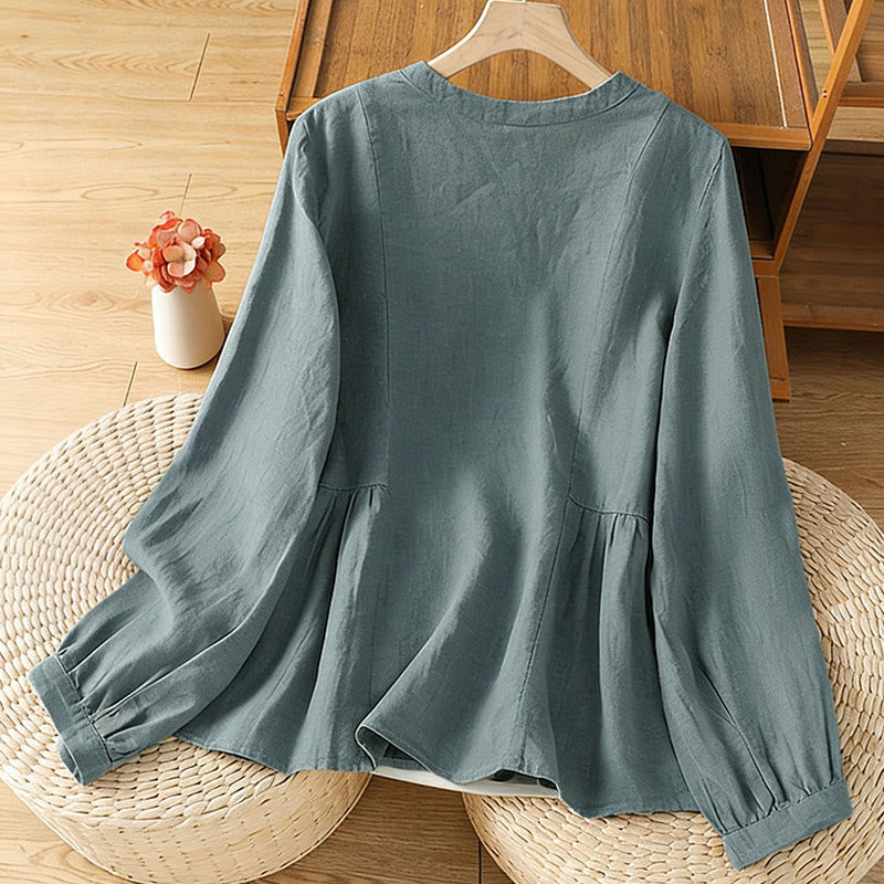 Buddha Stones 秋の通勤用パッチワーク無地デザイン長袖レディースコットンボタンシャツ - image 19