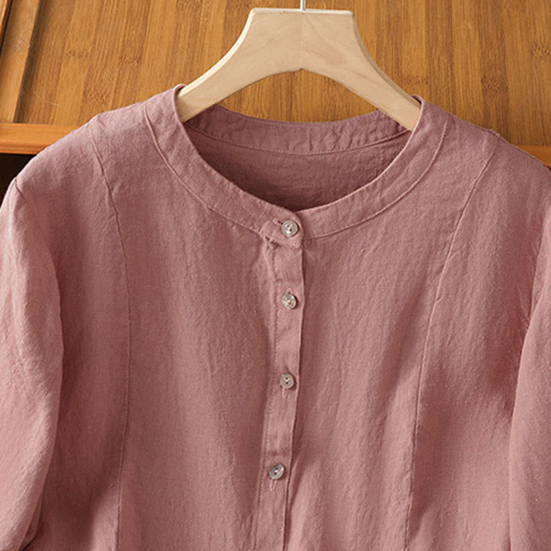 Buddha Stones 秋の通勤用パッチワーク無地デザイン長袖レディースコットンボタンシャツ - image 2