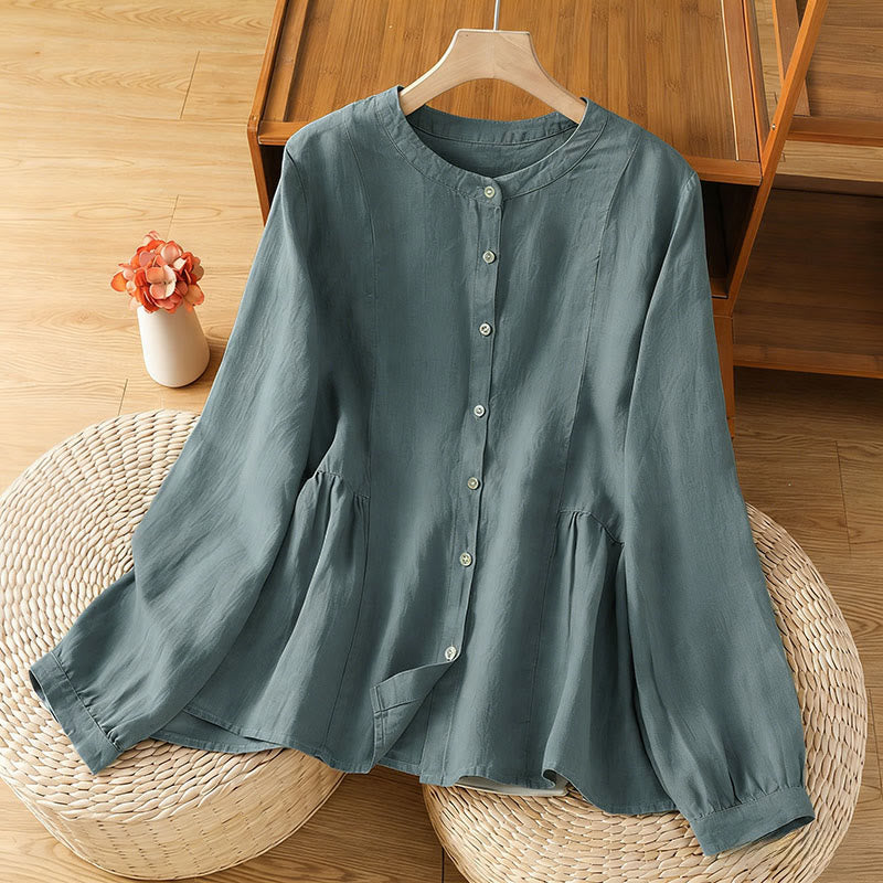 Buddha Stones 秋の通勤用パッチワーク無地デザイン長袖レディースコットンボタンシャツ - キャデットブルー - US8-10，UK/AU12-14，EU40-42 (2XL) - image 18