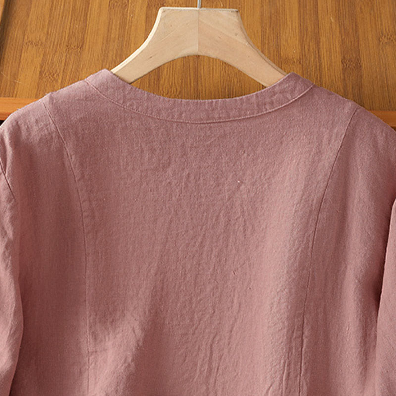 Buddha Stones 秋の通勤用パッチワーク無地デザイン長袖レディースコットンボタンシャツ - image 3