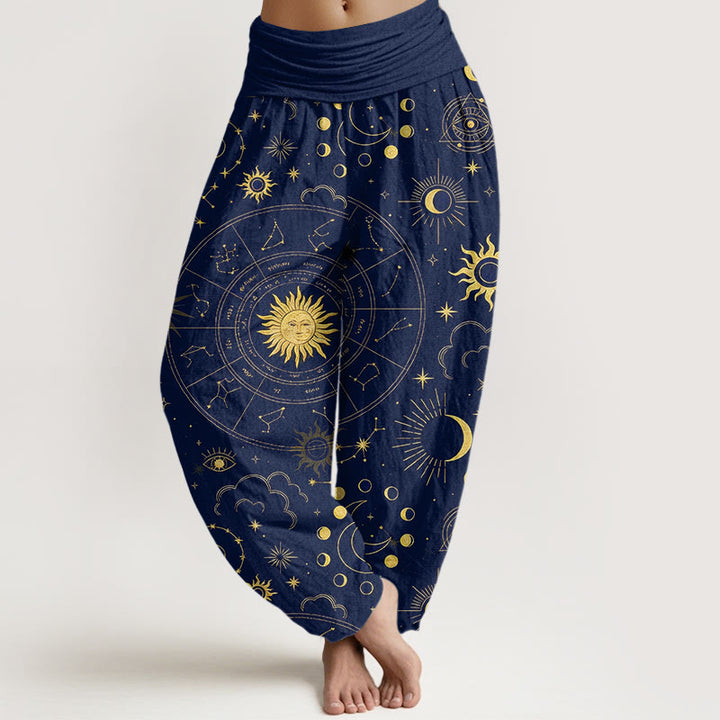 Buddha Stones コットンゴージャスな太陽、月、星、星座、雲柄レディース伸縮性ウエストハーレムパンツ - 海軍 - US16、 UK/AU20、 EU48 (3XL) - image 0