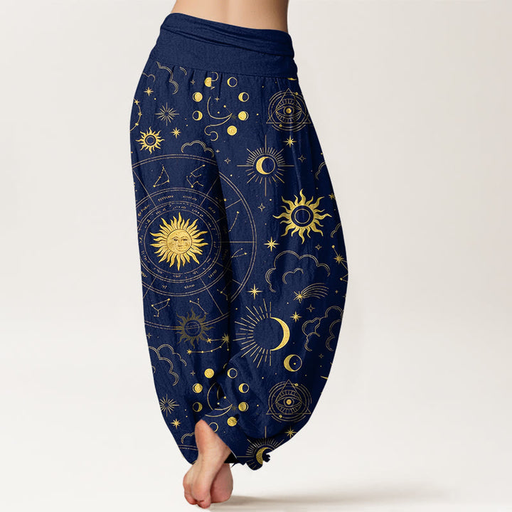Buddha Stones コットンゴージャスな太陽、月、星、星座、雲柄レディース伸縮性ウエストハーレムパンツ - image 1