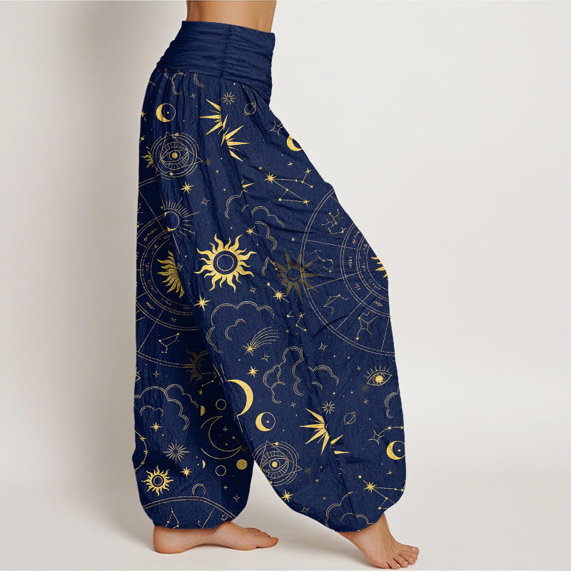 Buddha Stones コットンゴージャスな太陽、月、星、星座、雲柄レディース伸縮性ウエストハーレムパンツ - image 2