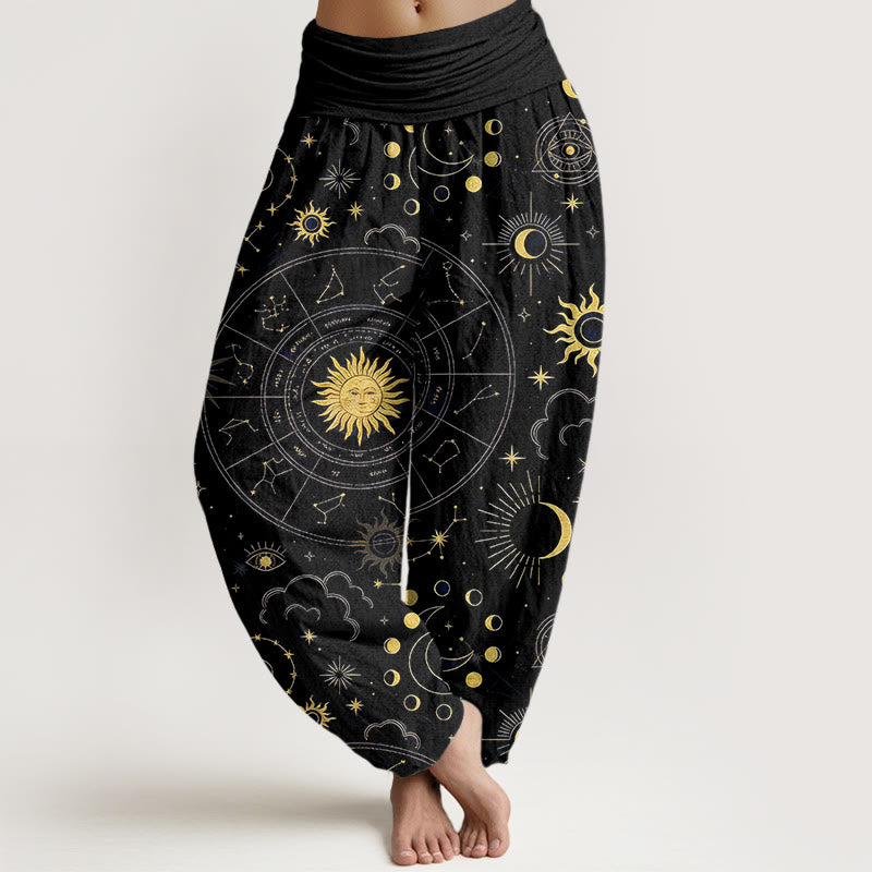 Buddha Stones コットンゴージャスな太陽、月、星、星座、雲柄レディース伸縮性ウエストハーレムパンツ - 黒 - US16、 UK/AU20、 EU48 (3XL) - image 5