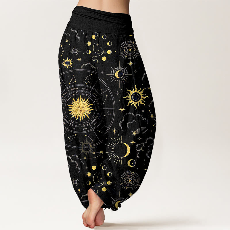 Buddha Stones コットンゴージャスな太陽、月、星、星座、雲柄レディース伸縮性ウエストハーレムパンツ - image 6