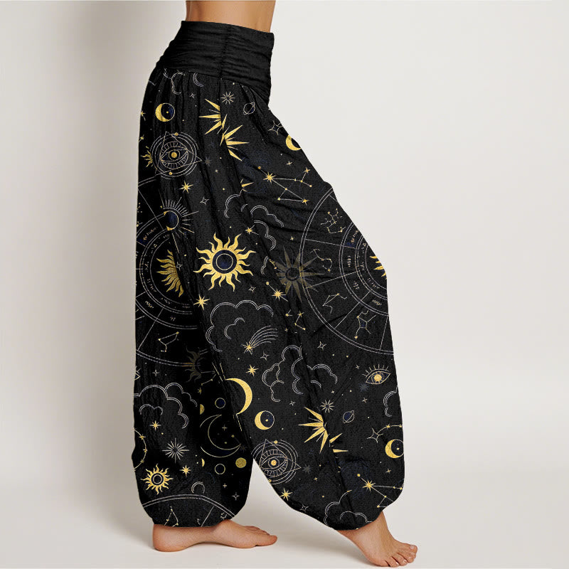 Buddha Stones コットンゴージャスな太陽、月、星、星座、雲柄レディース伸縮性ウエストハーレムパンツ - image 7