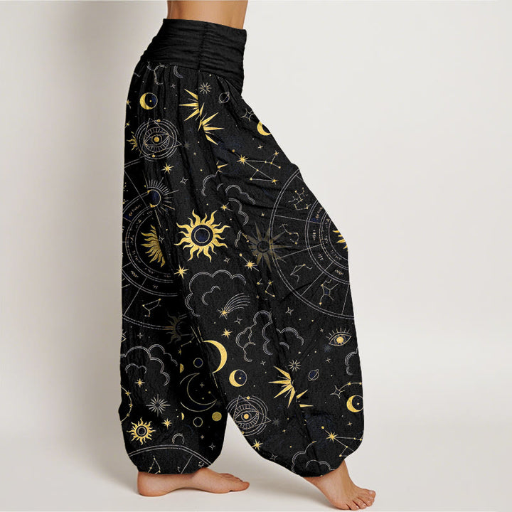 Buddha Stones コットンゴージャスな太陽、月、星、星座、雲柄レディース伸縮性ウエストハーレムパンツ - image 7