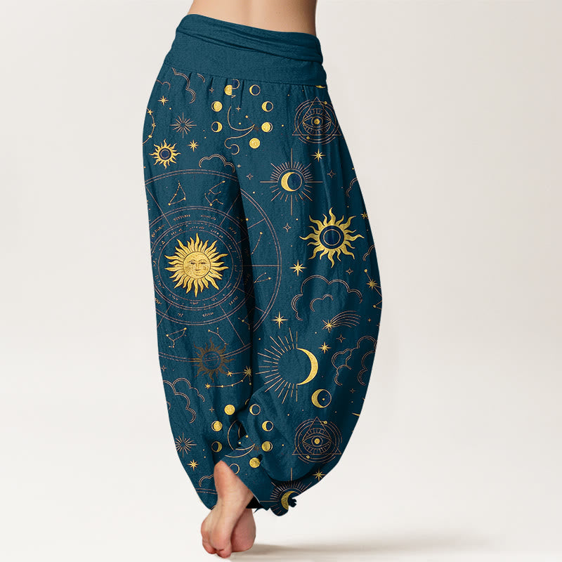 Buddha Stones コットンゴージャスな太陽、月、星、星座、雲柄レディース伸縮性ウエストハーレムパンツ - image 9
