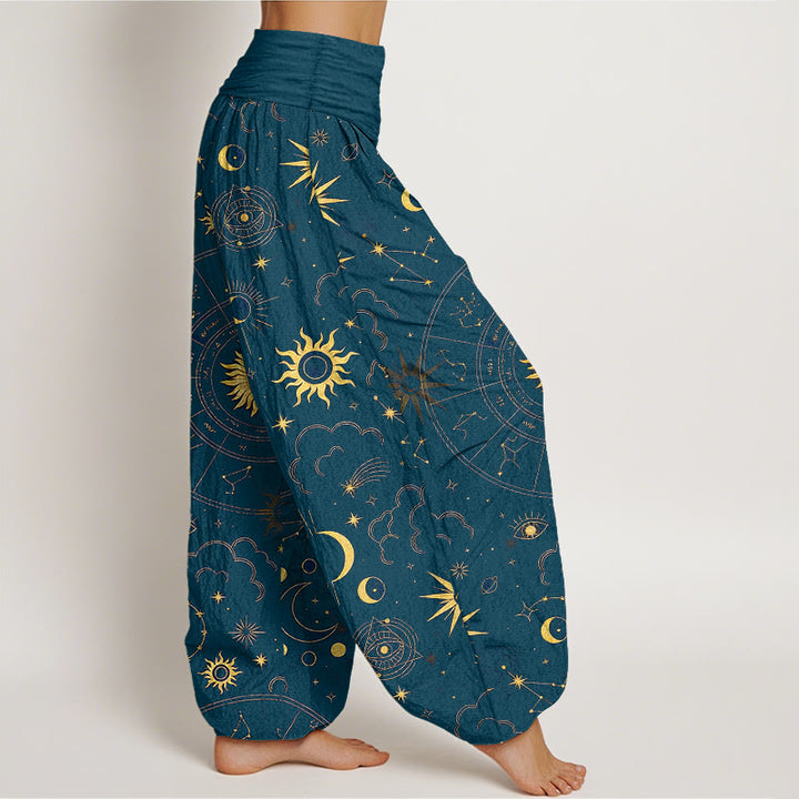 Buddha Stones コットンゴージャスな太陽、月、星、星座、雲柄レディース伸縮性ウエストハーレムパンツ - image 10