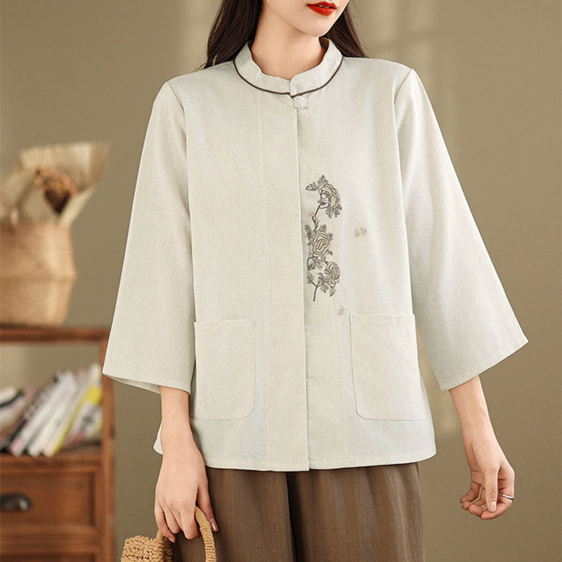 Buddha Stones 通勤用刺繍花柄七分袖レディースコットンシャツ（ポケット付き） - image 11