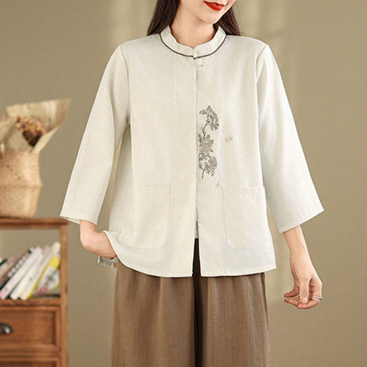 Buddha Stones 通勤用刺繍花柄七分袖レディースコットンシャツ（ポケット付き） - image 8