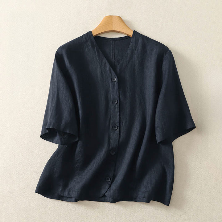 Buddha Stones 夏用無地Vネックボタンシンプルデザインレディース半袖シャツ - ミッドナイトブルー - US8-10，UK/AU12-14，EU40-42 (2XL) - image 14