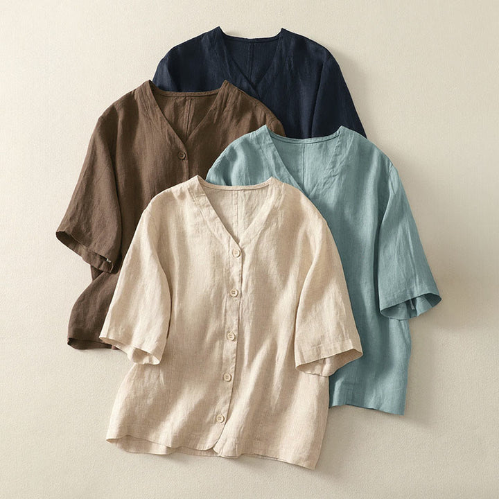 Buddha Stones 夏用無地Vネックボタンシンプルデザインレディース半袖シャツ - image 22