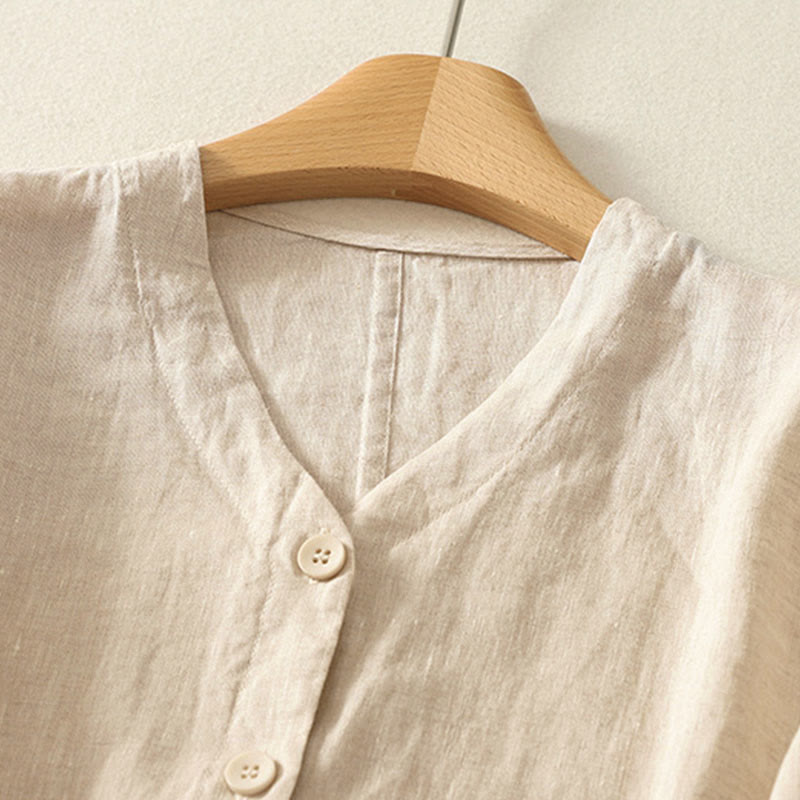 Buddha Stones 夏用無地Vネックボタンシンプルデザインレディース半袖シャツ - image 6