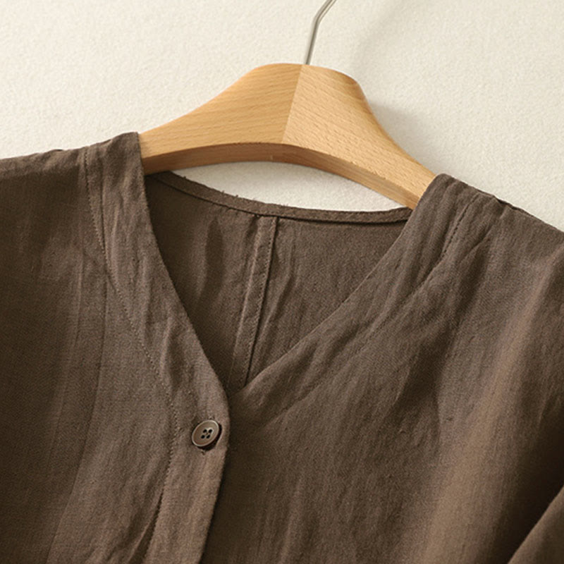 Buddha Stones 夏用無地Vネックボタンシンプルデザインレディース半袖シャツ - image 19