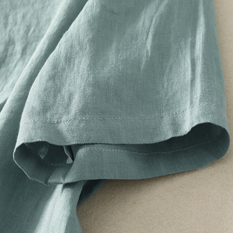 Buddha Stones 夏用無地Vネックボタンシンプルデザインレディース半袖シャツ - image 2