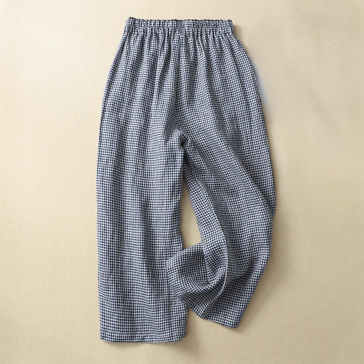 Buddha Stones通勤カジュアル チェック柄 7-8丈 レディース ワイドレッグ コットンリネン パンツ ポケット付き - 海軍 - US8-10，UK/AU12-14，EU40-42 (2XL) - image 0