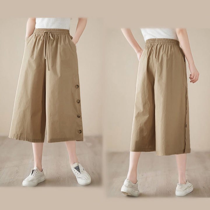 Buddha Stones プレーンなボタン付きサイドデザインカプリクロップドレディースワイドレッグパンツ（ポケット付き） - image 21