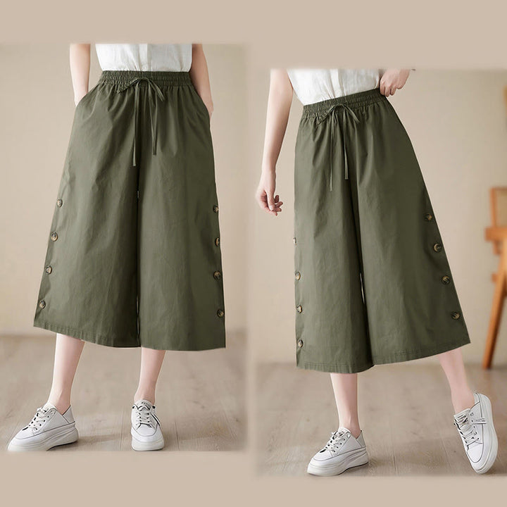 Buddha Stones プレーンなボタン付きサイドデザインカプリクロップドレディースワイドレッグパンツ（ポケット付き） - image 13