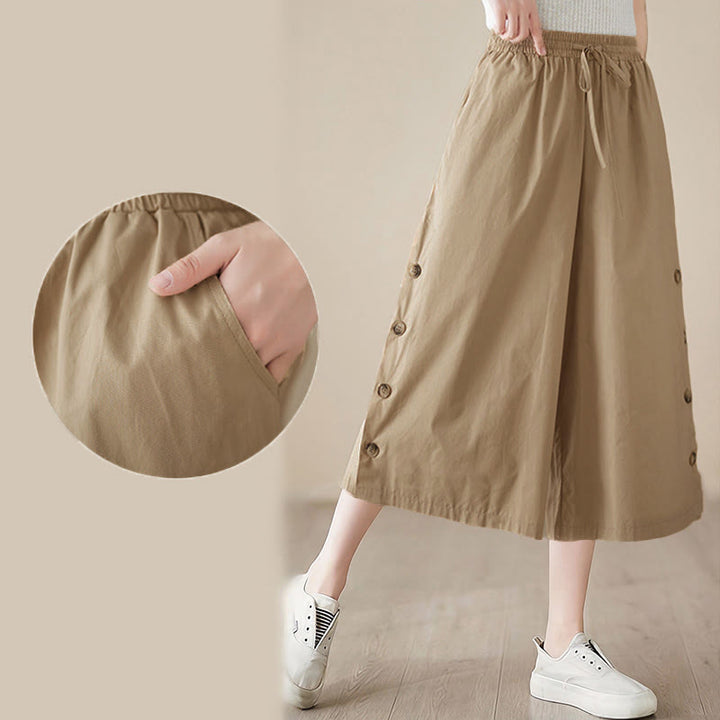 Buddha Stones プレーンなボタン付きサイドデザインカプリクロップドレディースワイドレッグパンツ（ポケット付き） - image 19