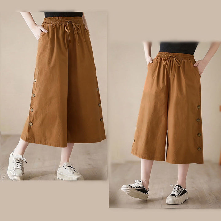 Buddha Stones プレーンなボタン付きサイドデザインカプリクロップドレディースワイドレッグパンツ（ポケット付き） - image 4