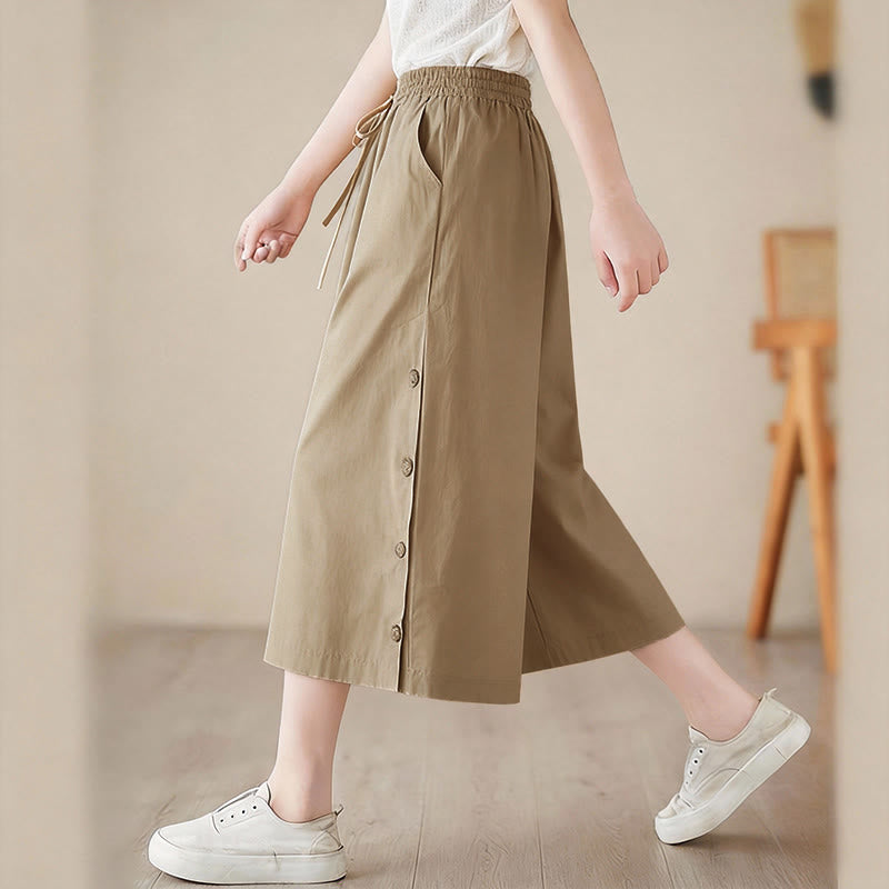 Buddha Stones プレーンなボタン付きサイドデザインカプリクロップドレディースワイドレッグパンツ（ポケット付き） - image 17