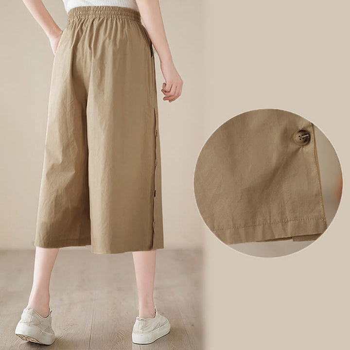 Buddha Stones プレーンなボタン付きサイドデザインカプリクロップドレディースワイドレッグパンツ（ポケット付き） - image 20