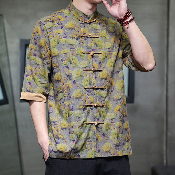 Buddha Stones 夏 カラフル 花柄 葉柄 半袖 カエルボタンデザイン メンズ コットンシャツ - image 9