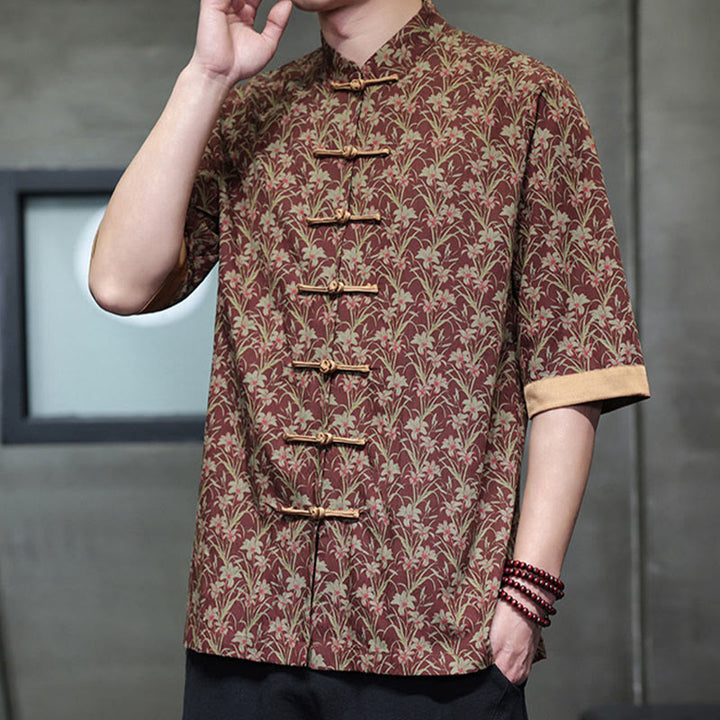 Buddha Stones 夏 カラフル 花柄 葉柄 半袖 カエルボタンデザイン メンズ コットンシャツ - image 1